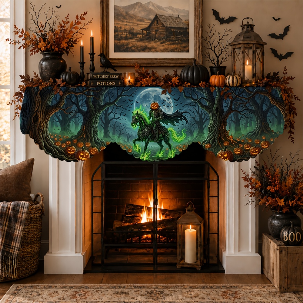 TEMU 1pc Dark Gothic Mythological Halloween Fireplace Mantel Scarf, Spooky Forest, Farmhouse Style, 78.7x19.6 Inches, Suitable For Indoor Fireplaces,