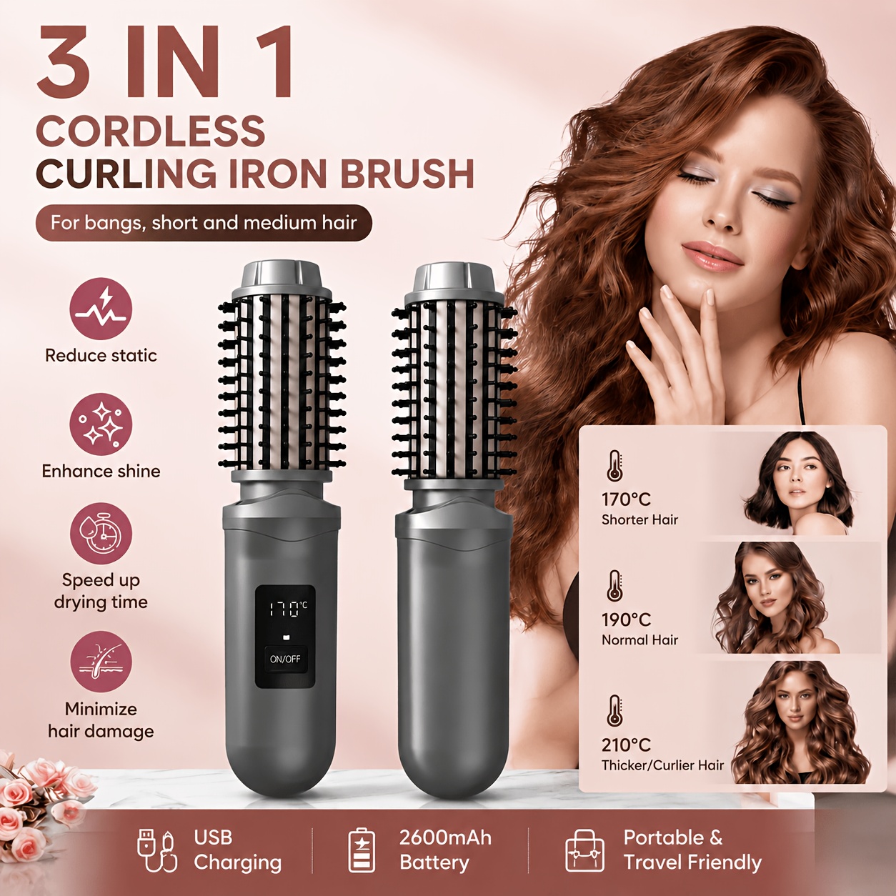 cordless curling iron brush 3 temperature settings rechargeable suitable for men and women ideal for daily use and travel