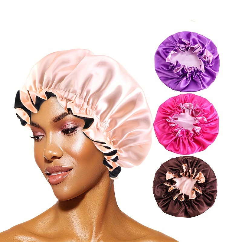 

2-pack Satin Bonnet Sleeping Cap Shower Cap - 100% Polyester Double Layer Adjustable Hair Bonnet With Trim For Women Care - Multicolor African Style Headwrap Turban Cap