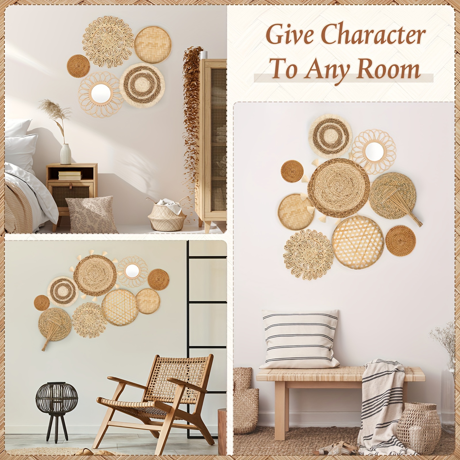 Déco Murale Boho En Rotin - Lot De 9 Pièces Tissées Suspendues - Style Rustique Naturel Pour Chambre, Salon, Cuisine, Entrée - 5