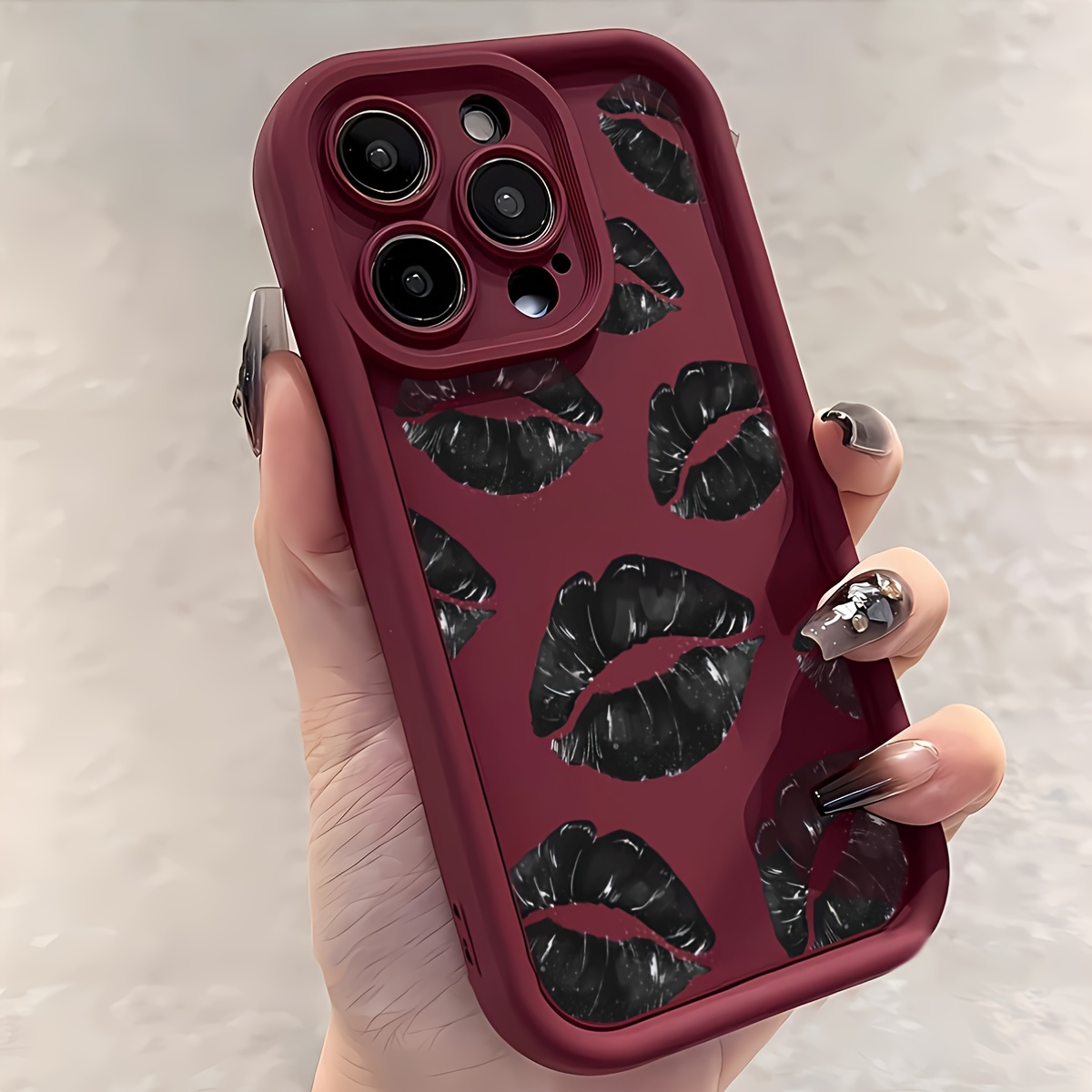 TEMU Phone Case - 1 Trendy Black Lips Dark Red Lips Sexy European And American Beautiful Frosted Red, Suitable For Xiaomi/redmi