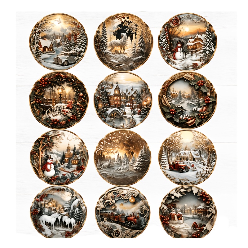 TEMU 2 Fogli da 96 Pezzi di Adesivi Rotondi Bordo a Tema Invernale e Natalizio, Cottage Innevato, , , a Vapore, , Paesaggi, Adesivi per Carte di ,