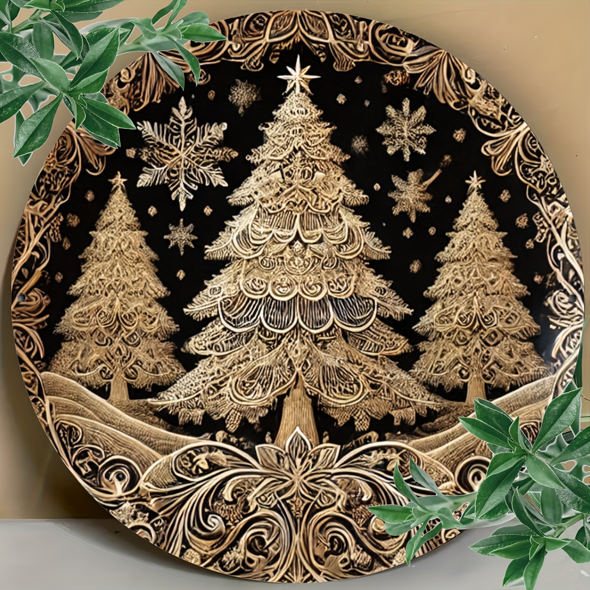 

Iron Foil Engraving Art Plate - Triple Christmas Tree Design - 8 Inch Round Metallic Sign For Home And Cafe Decor, Ideal Christmas Gift (1 Piece)