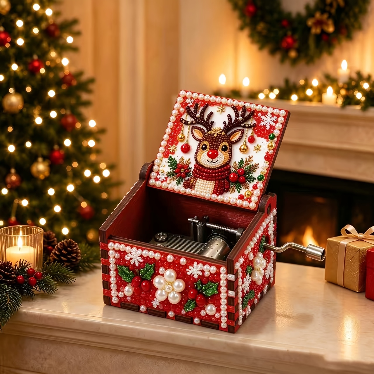 TEMU Boîte à musique de Noël en bois, kit de peinture diamant, détail de perles pour adultes, œuvre d'art à six faces, ornement d'arbre à assembler,