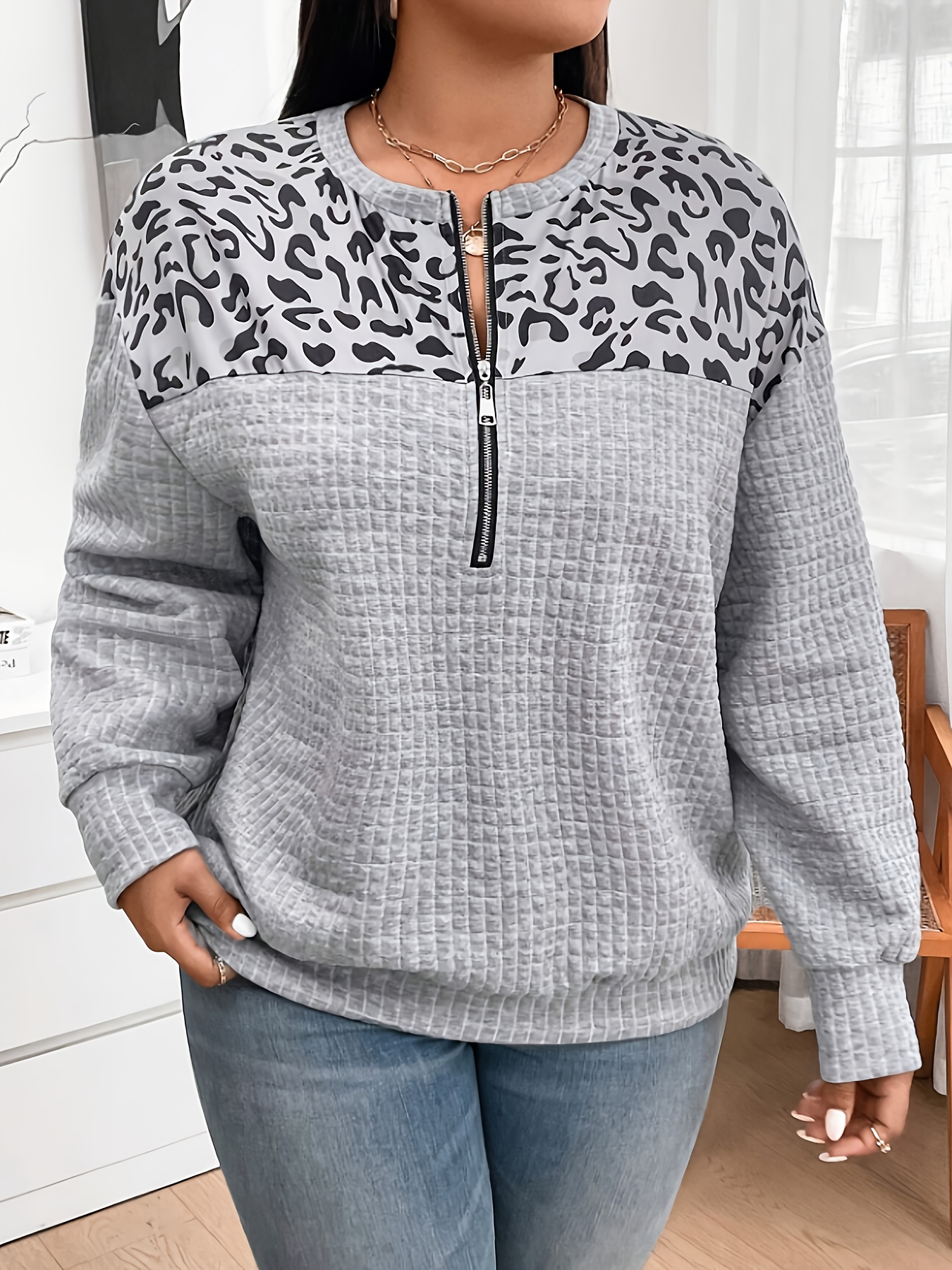 Sweat à demi-zippeur imprimé léopard Sweat à demi-zippeur imprimé léopard pour femmes grande taille, style européen et américain