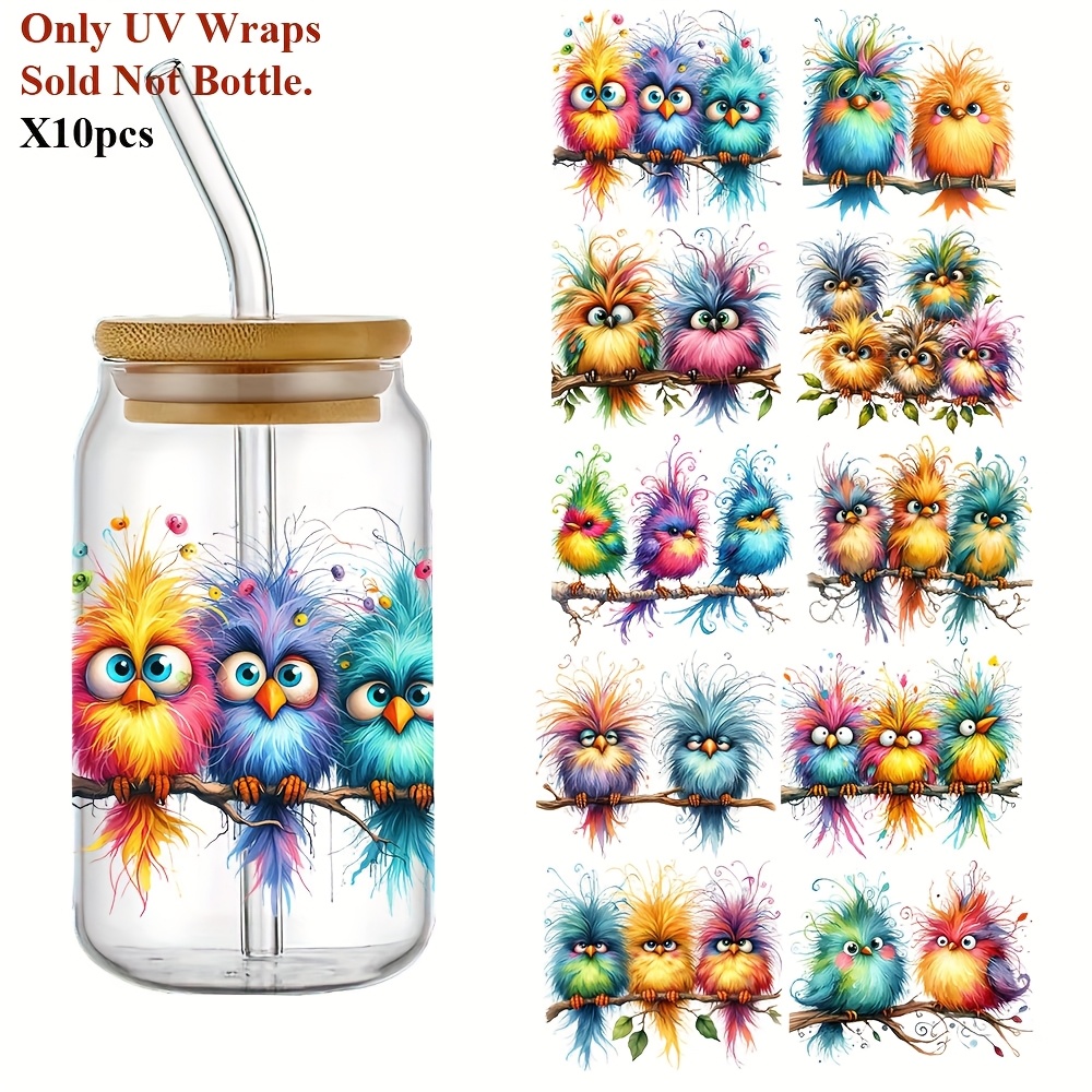 

10pcs Quirky Birds On A Branch Uv Dtf Transfer Paper, Waterproof Decals For Glass Cup, Mug, Laptops, Refrigerators, High- Supplies