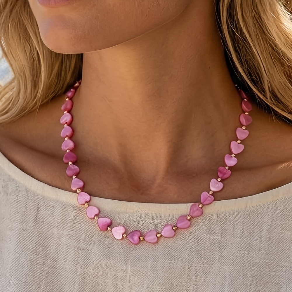 E-shop Damen-Mode-Choker-Halskette, im Bohemian-Stil mit Herz-Perlen-Detail, exquisite rosa Damenhalskette, Sommer-Halskette, für den , geeignet als