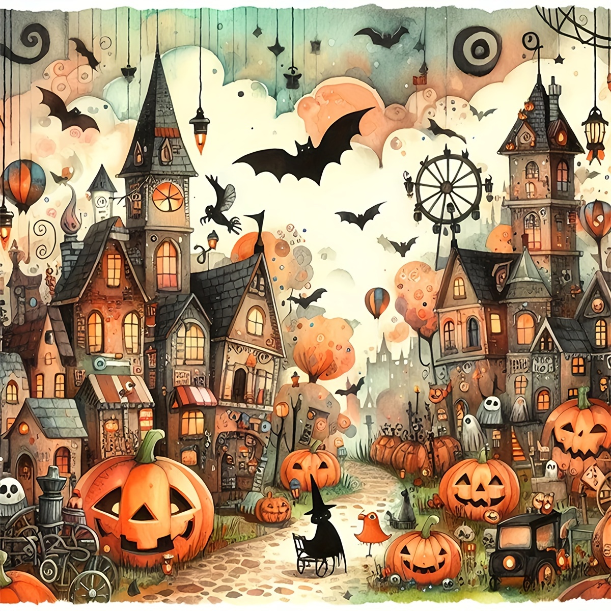 

Diy 5d Diamond Painting Kit - Halloween Town Theme, Full Drill Round Rhinestone Art, 11.8x11.8in Craft Set For Home Wall Decor, Frameless Gift Idea