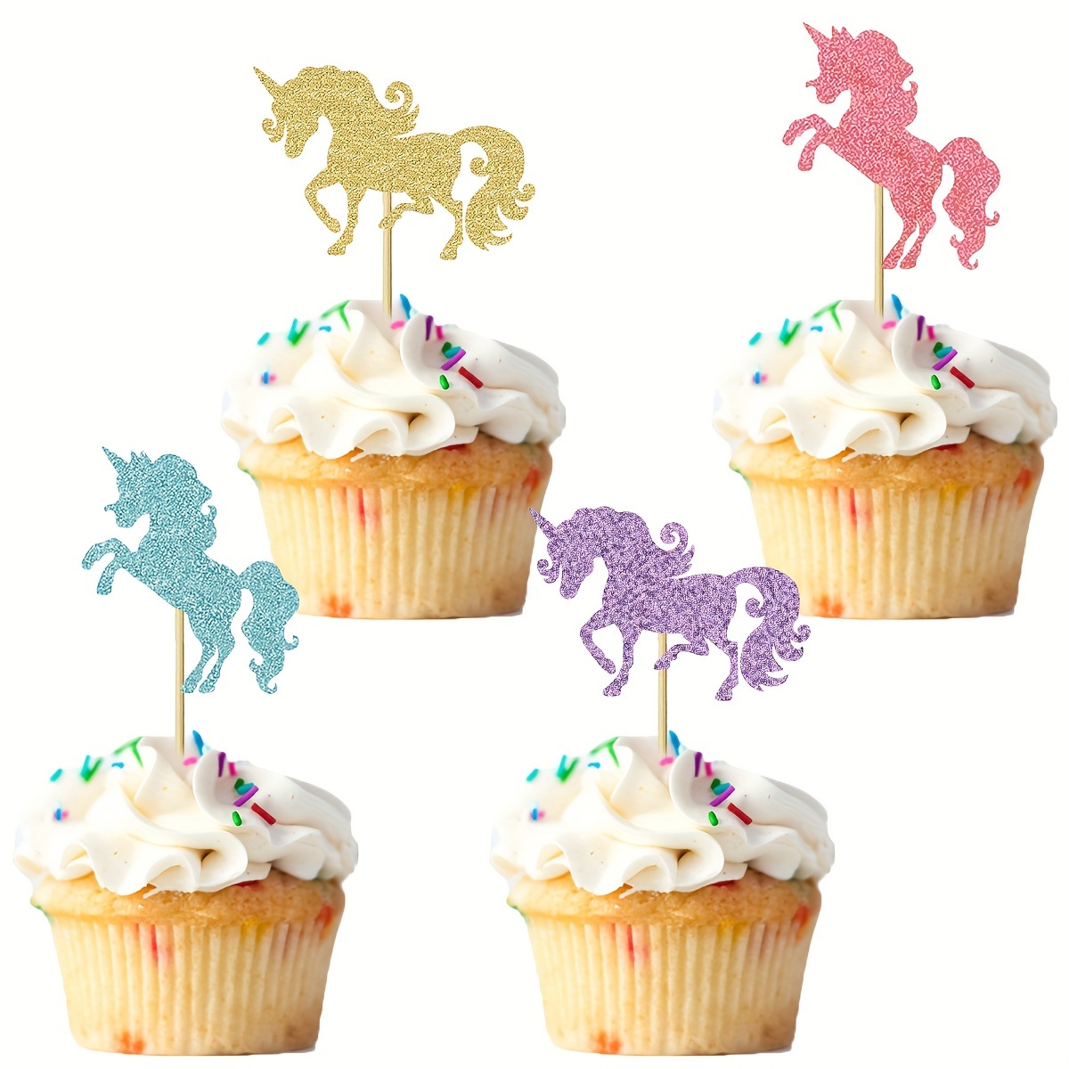 

24pcs Glitter Unicorn Cupcake Toppers - For Showers, Weddings & Birthdays - Bamboo Cake Decorations In 4 Vibrant Colors