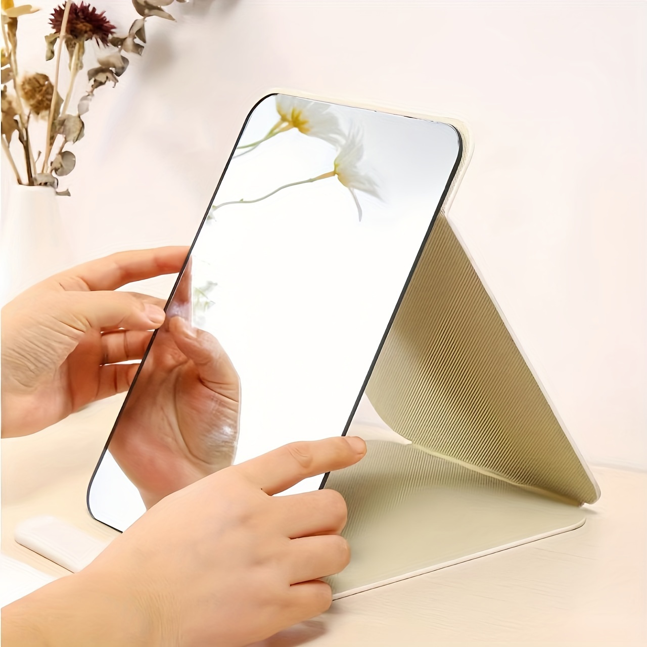 

Foldable Leather Makeup Mirror, Polished High- Tabletop Mirror For Dressing Table, Character Theme, Glass Surface, Portable Vanity Mirror For Dorm, Room Decor, Travel & - No Power/battery Needed