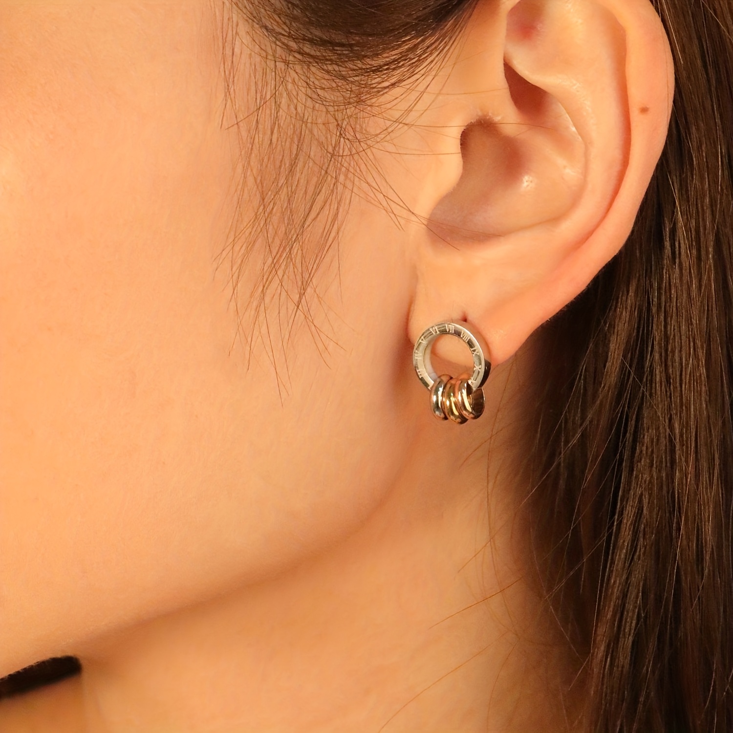 Stylish Roman Numeral Stainless Steel Stud Earrings, Bohemian Design