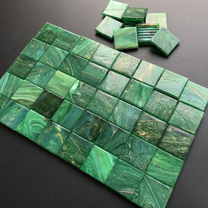 

42pcs Green Glass Mosaic Tiles With Metallic Lines - Aurora Nebula Inspired, 0.787" Square For Diy Crafts & Creative Decorations
