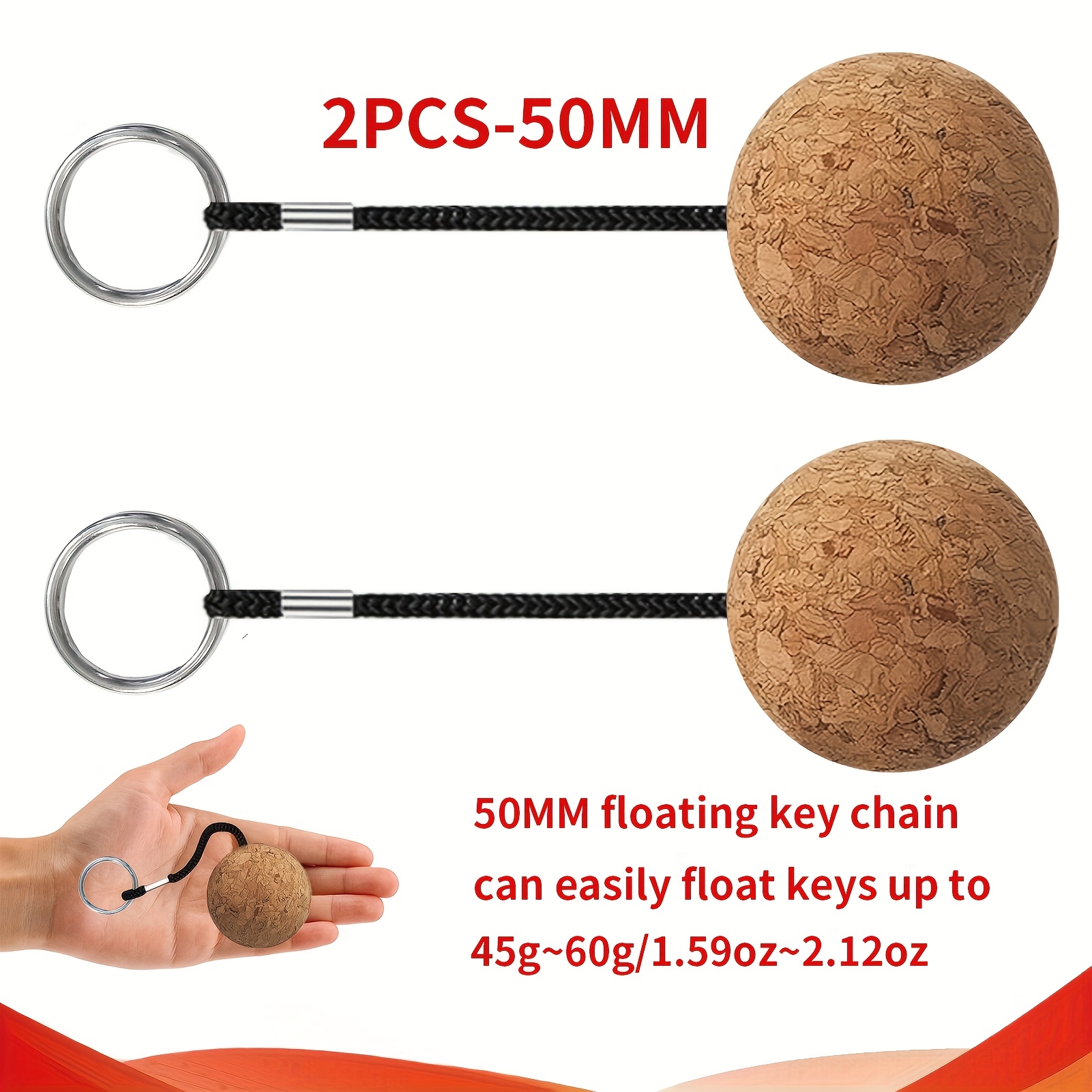 1/2pcs Floating Cork Ball Keyring Float Keychain For Kayaking Boating Fishing Kite Surfing Sailing Kayak, /50mm
