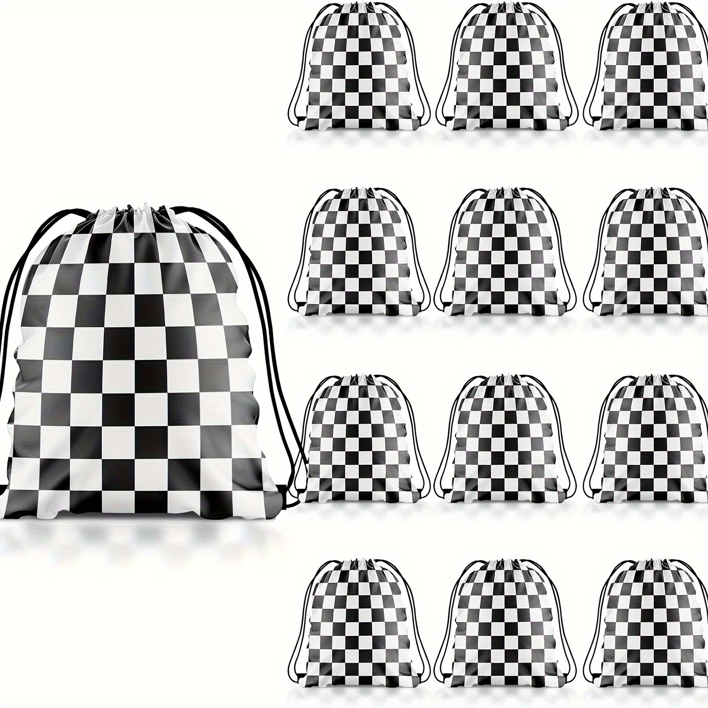 

12pcs Black & White Checkered Drawstring Bags - Polyester Race Car Party Favor Bags With "x" Design For Birthday, Graduation & Themed Events