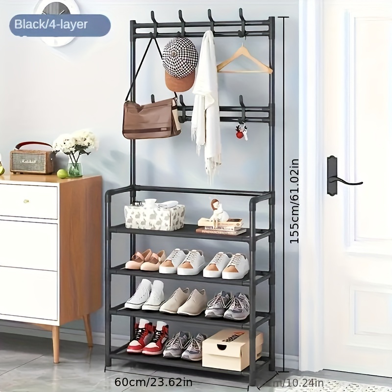 TEMU 1pc 5-tier Steel Shoe Rack With Coat Hooks - Multipurpose Storage Organizer - & -saving - To Assemble For Room, Bedroom