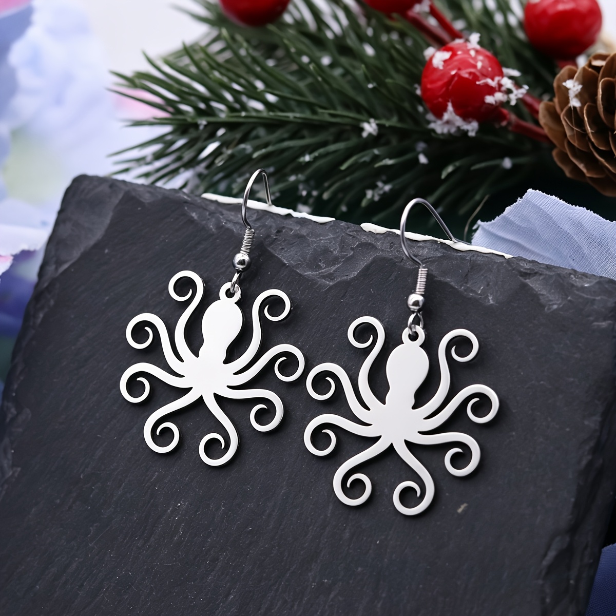 Line Art Octopus Drop Earrings Stainless Steel Ocean Kraken Silhouette