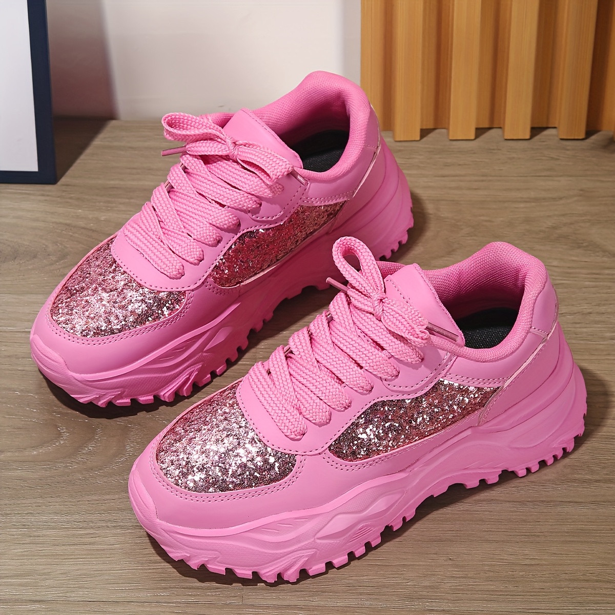 womens pink glitter sneakers stylish low top lace casual Temu