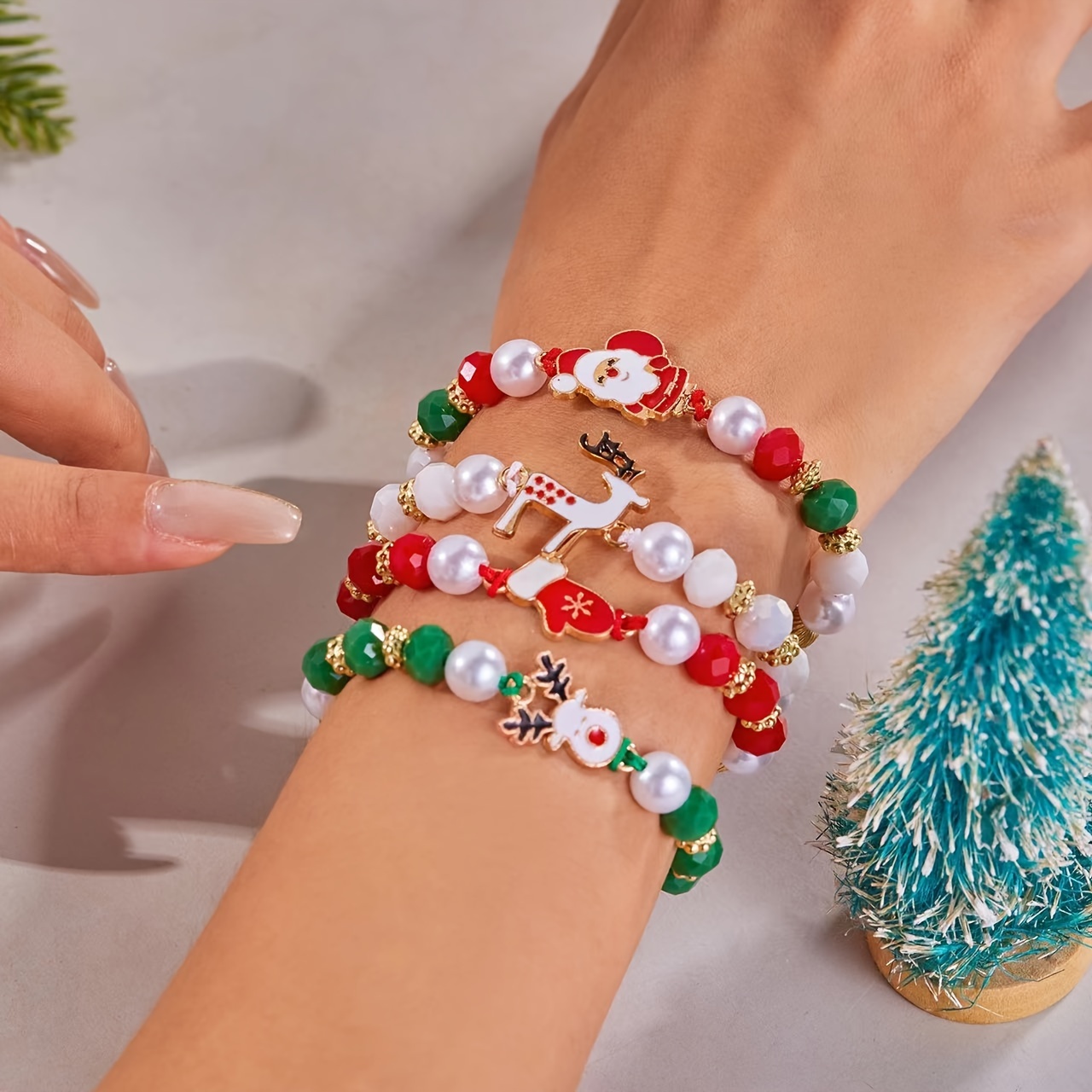 

Christmas Charm Bracelets Set Of 4 - Cute Festive Santa, Reindeer, Glove Pendants With Lmitation Pearls - No-metal-plating Fashion Jewelry For -holiday Gift Unisexhand Chains