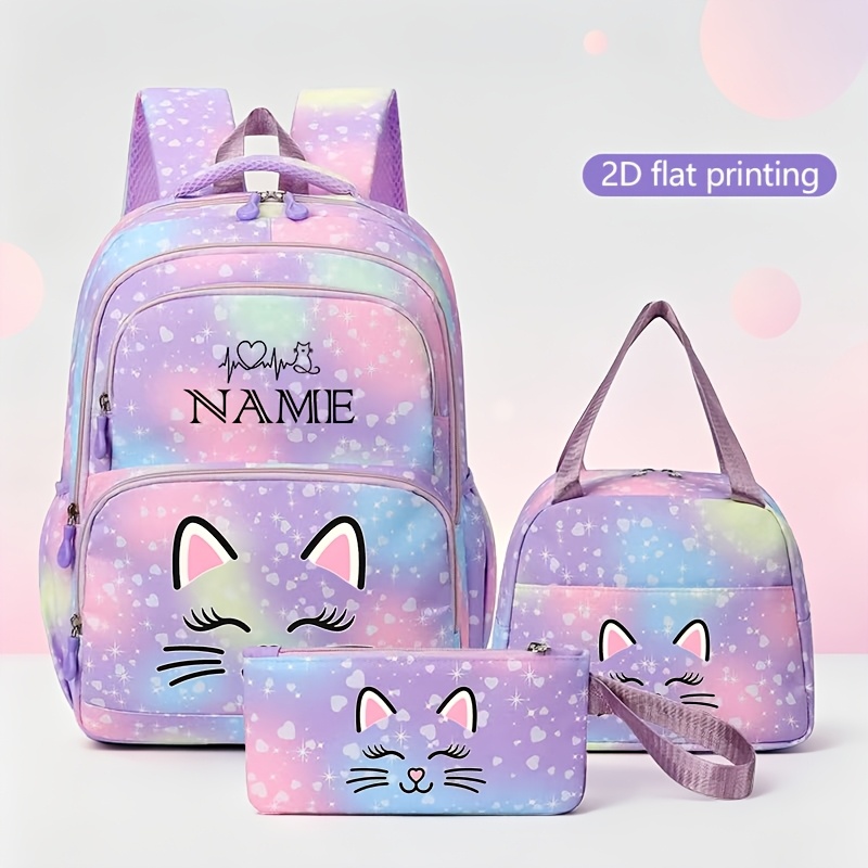 TEMU [Edición Personalizada] Set de Mochila Escolar de Color Degradado a de 3 piezas, con Múltiples Compartimentos para Almacenamiento, Bolso de ,