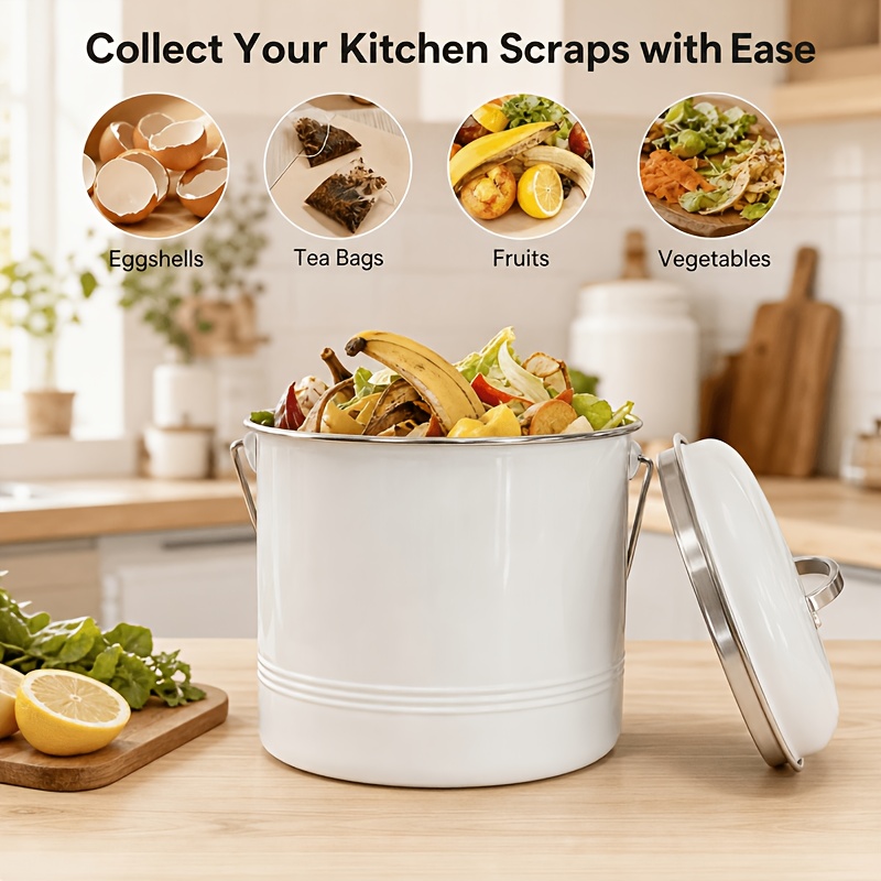 Image of Home Kitchen Trash Can, Odor-proof Metal Compost Bin With Activated Carbon Filters, Odor-resistant Round Waste Collection Basket With Lid And Handle, 20 X 20 Cm, For
