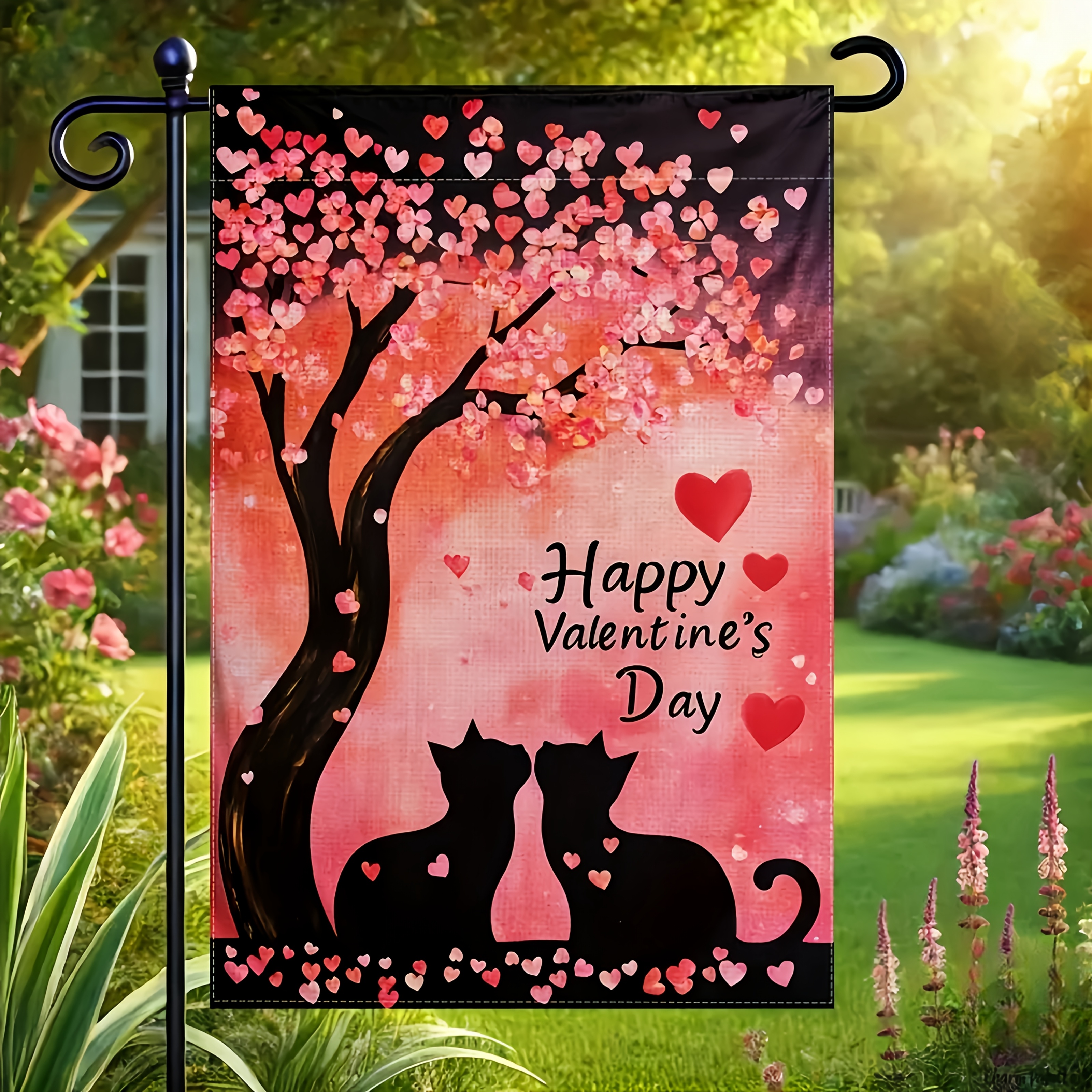 

1pc, Attractive Double-sided Polyester Garden Flag - 30.x45cm, Valentine's Day Couple And Cherry Pattern, Suitable For Outdoor And Indoor Decoration, No Pole