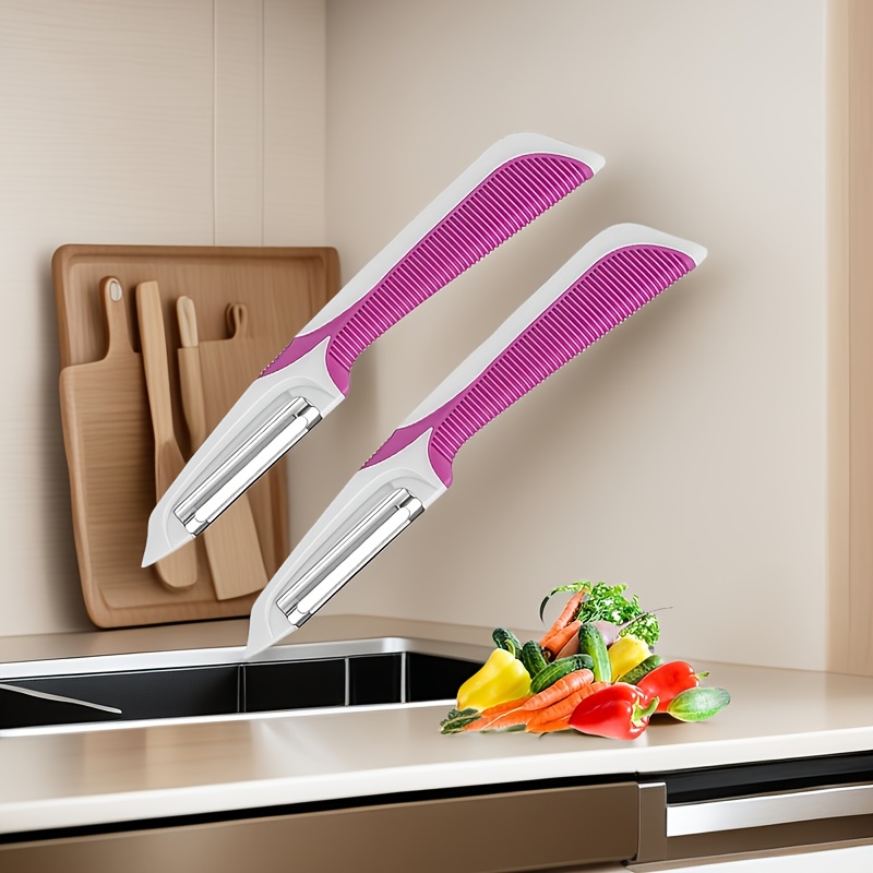 E-shop 2 Edelstahl-Schäler, Apfelschäler, Kartoffelschäler, Küchenhelfer, Melonenschäler, geeignet für Obst, Karotten, Gemüse, Schälwerkzeuge, tragbar