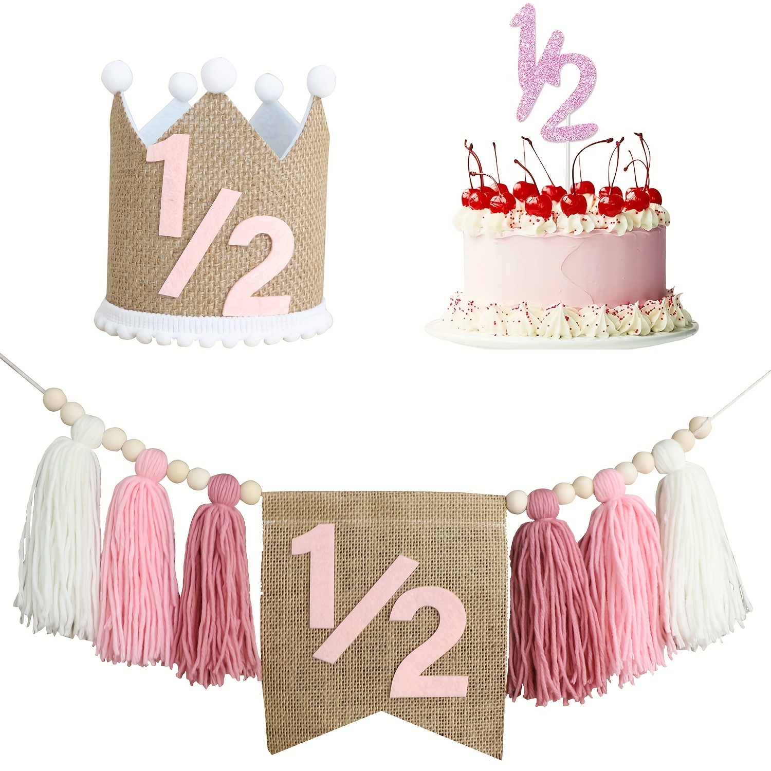 

Half-year Birthday Party Decorations: Burlap Banner With Tassels And Crown Hat, Festive Pink Theme (2-piece Set)