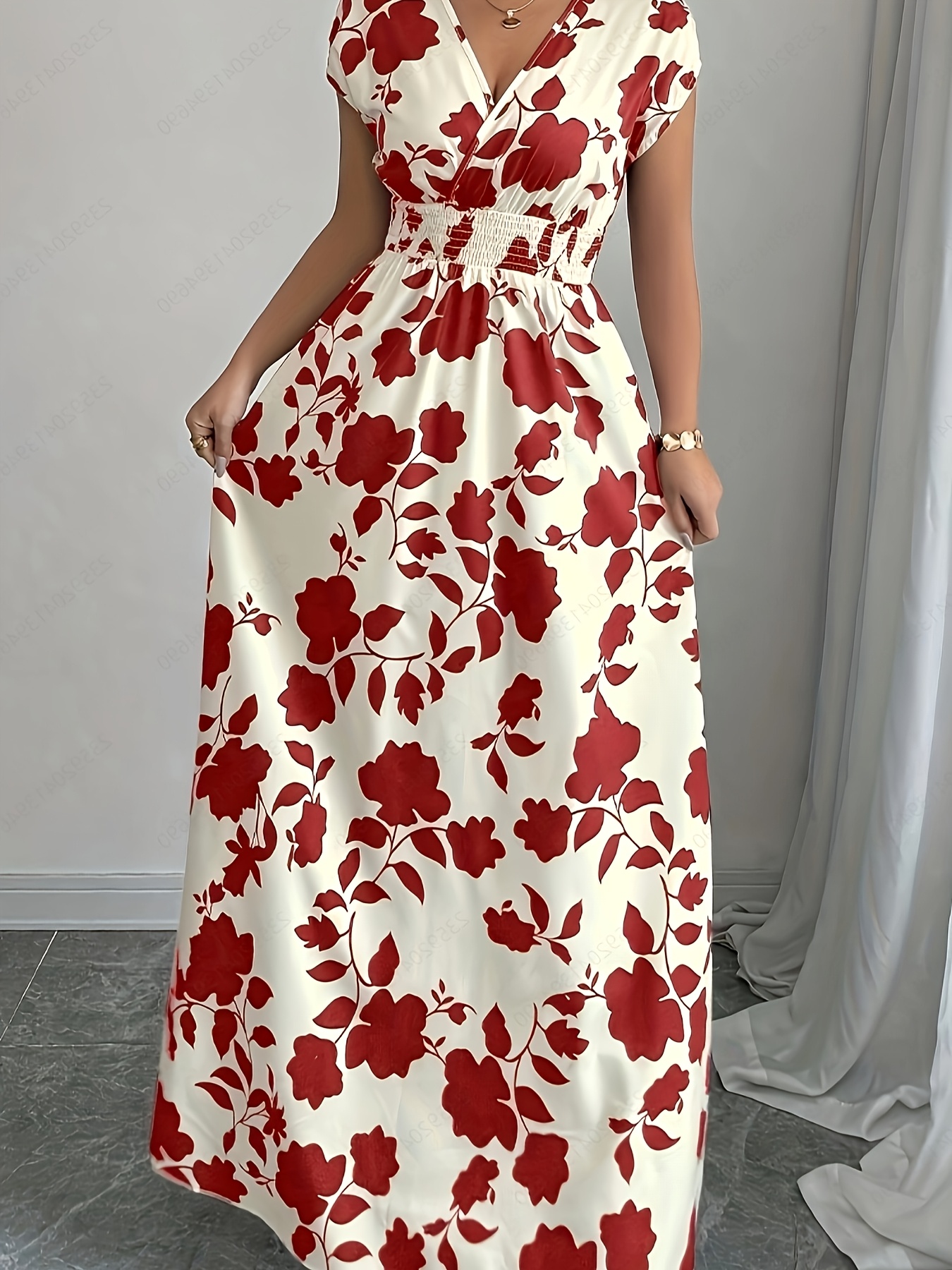 elegant pink floral maxi dress v neck short sleeves flowing - Temu