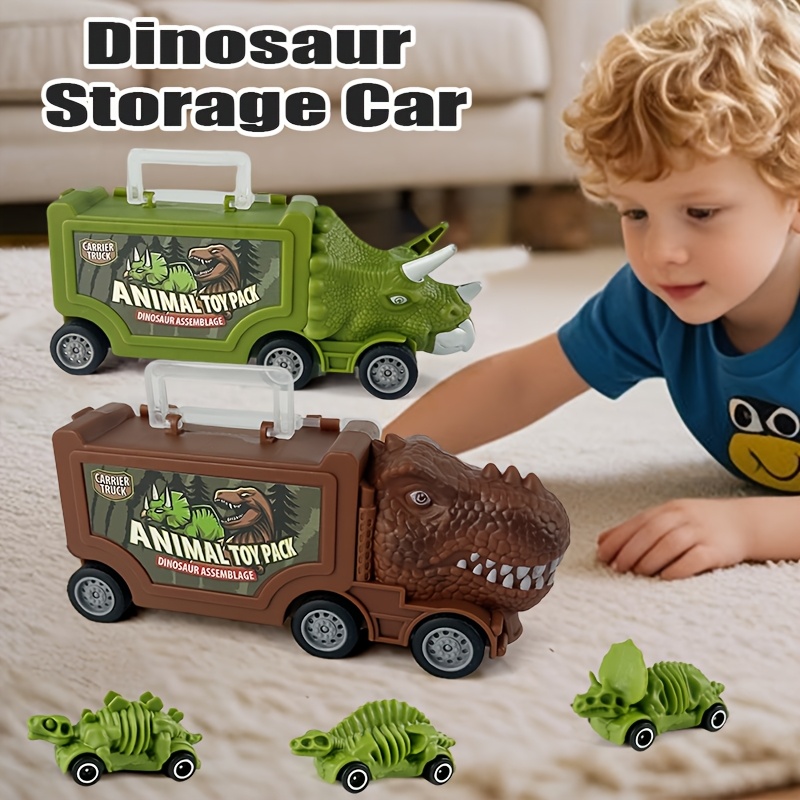imagen del artículo juego de camiones contenedores con temática de dinosaurios, con camiones contenedores de  , triceratops y tiburón, junto con un coche de estilos aleatorios, los camiones contenedores se pueden   a  ,   para guardar juguetes y como regalo de juguete