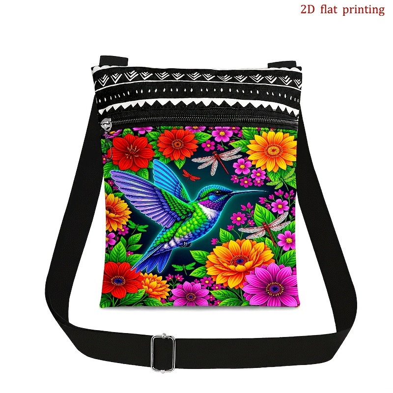TEMU 2d Flat Handbag And Crossbody Bag For Men And Women, Adjustable Shoulder Strap And Zipper Closure, Vibrant Hummingbird & Floral Print, Ethnic