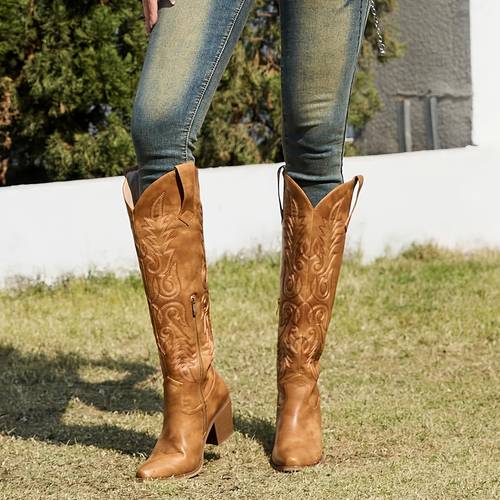 embroidery cowboy boots for women with zipper pointed toe chunky low heel fashionable cowgirl comfortable casual dress country music party classic vintage knee high boots woman
