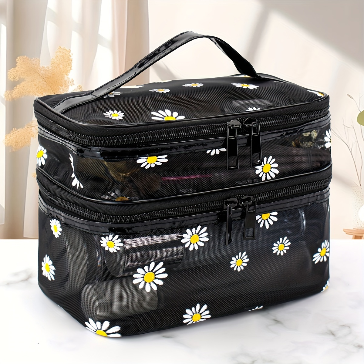 Chic Daisy Mesh Makeup Bag - Large Capacity, Double-layer Organizer For Cosmetics & Accessories, Nylon