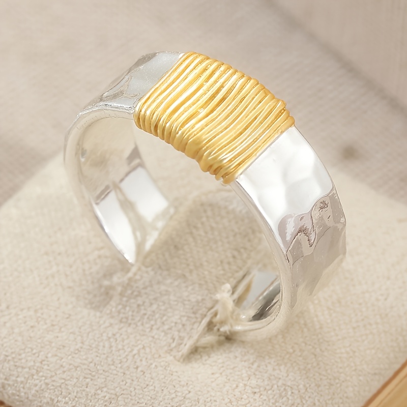 TEMU Vintage Minimalist Wide Band Ring For Women - White Golden-tone Copper Jewelry, Gothic Punk Style Unisex Ring For Daily Wear & Parties, Durable