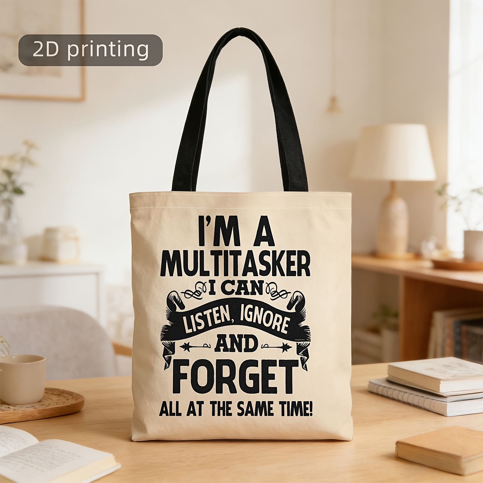 TEMU 1pc 2d Printed Tote Bag, Im A , Multitasking, Listen, , , Same Time., Reusable, Stylish Shoulder Bag, Tote Bag, Shopping Bag, Suitable For