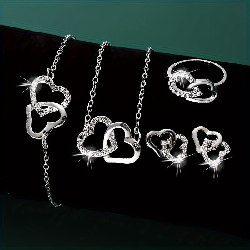 

-chic 5pcs Heart Jewelry Set For Women - Includes Necklace, Bracelet, Earrings & Ring | Vacation & Casual Attire