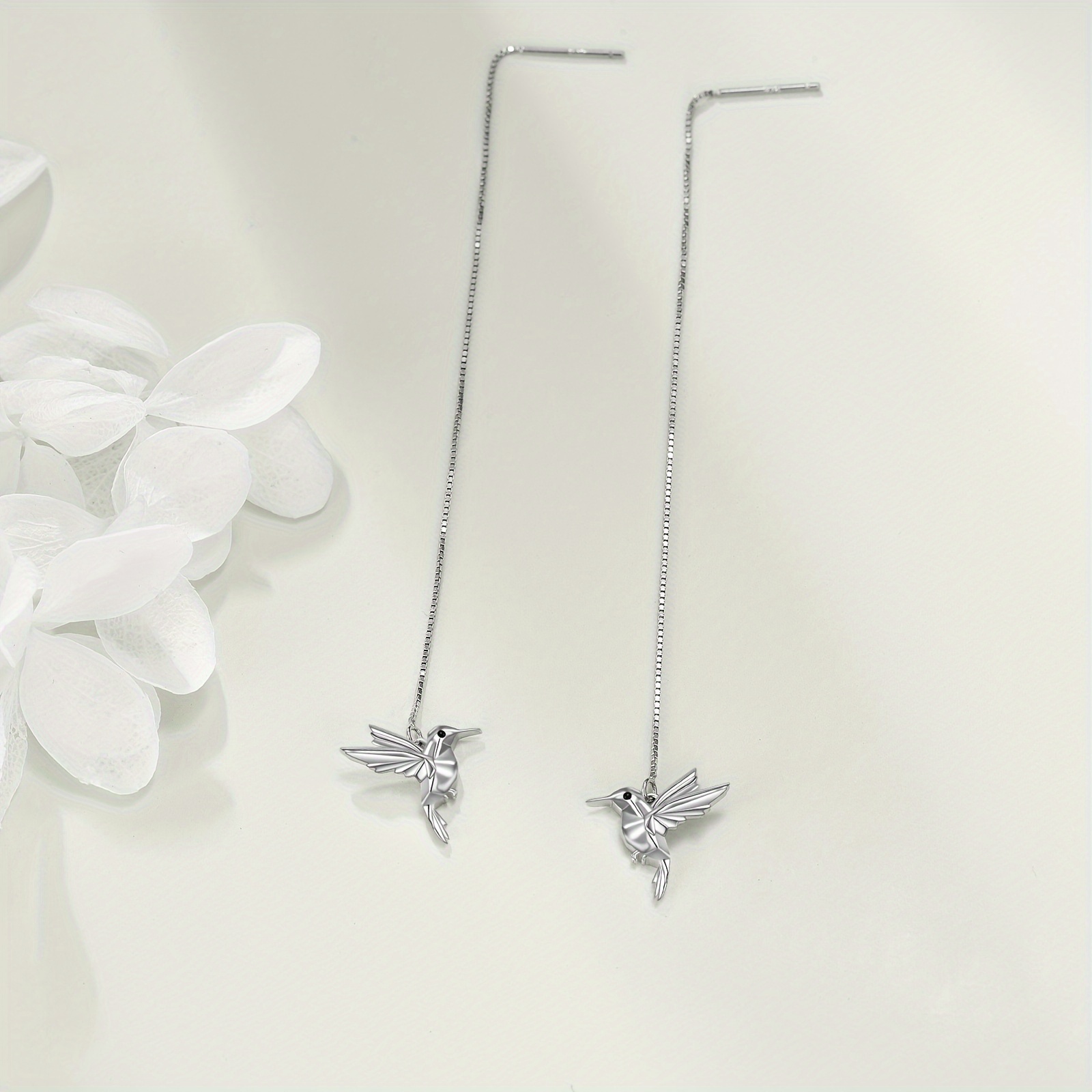 hummingbird pull through threader earrings 925 sterling silvery long piercing tassel drop dangle ear line   earrings origami jewelry birthday gifts for women Product details 2