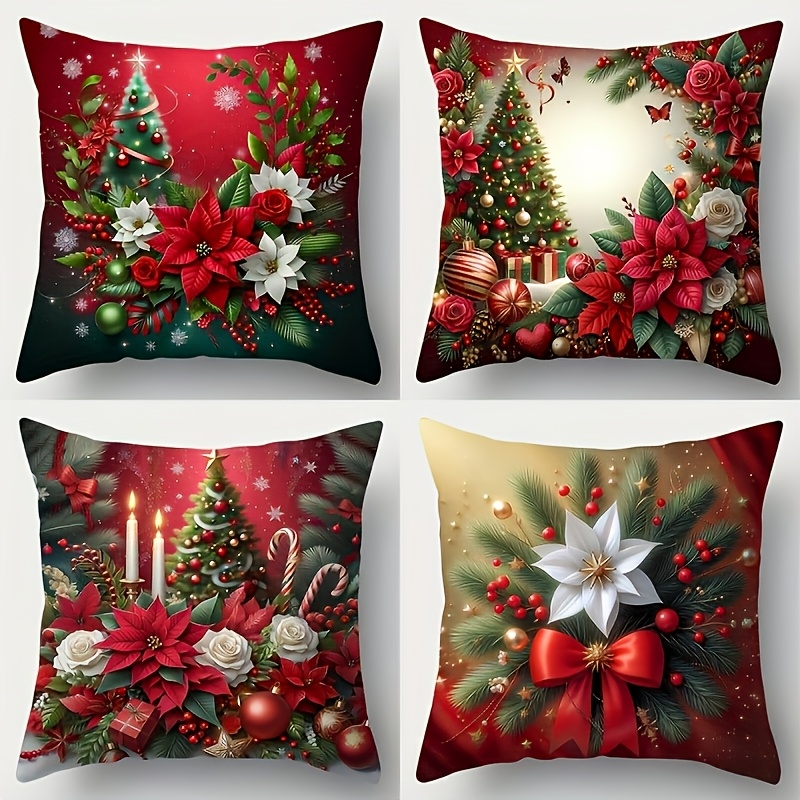TEMU 4pcs Christmas Pillow Covers, Red Background Christmas Tree Print, Double Sided Decor Cushion Cases, 16/18/20 Inch, Lumbar Pillowcases For Sofa,
