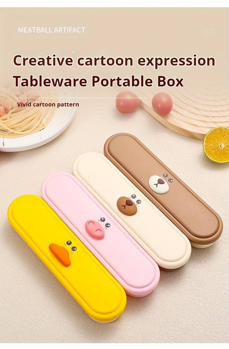 portable cutlery set with box 2pcs set and 3pcs set stainless steel reusable tableware with   and chopsticks lunch box cute cartoon     bear style storage box suitable for lunch   picnic workplace and travel Product details 2