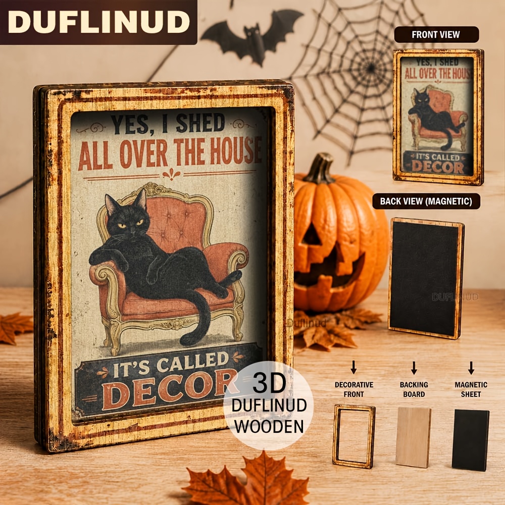 TEMU Cat Refrigerator Magnet, Mini Fun Black Cat Sitting On Sofa Design, Wooden Fridge Magnet With Humorous Text, Halloween Atmosphere Kitchen Decor,