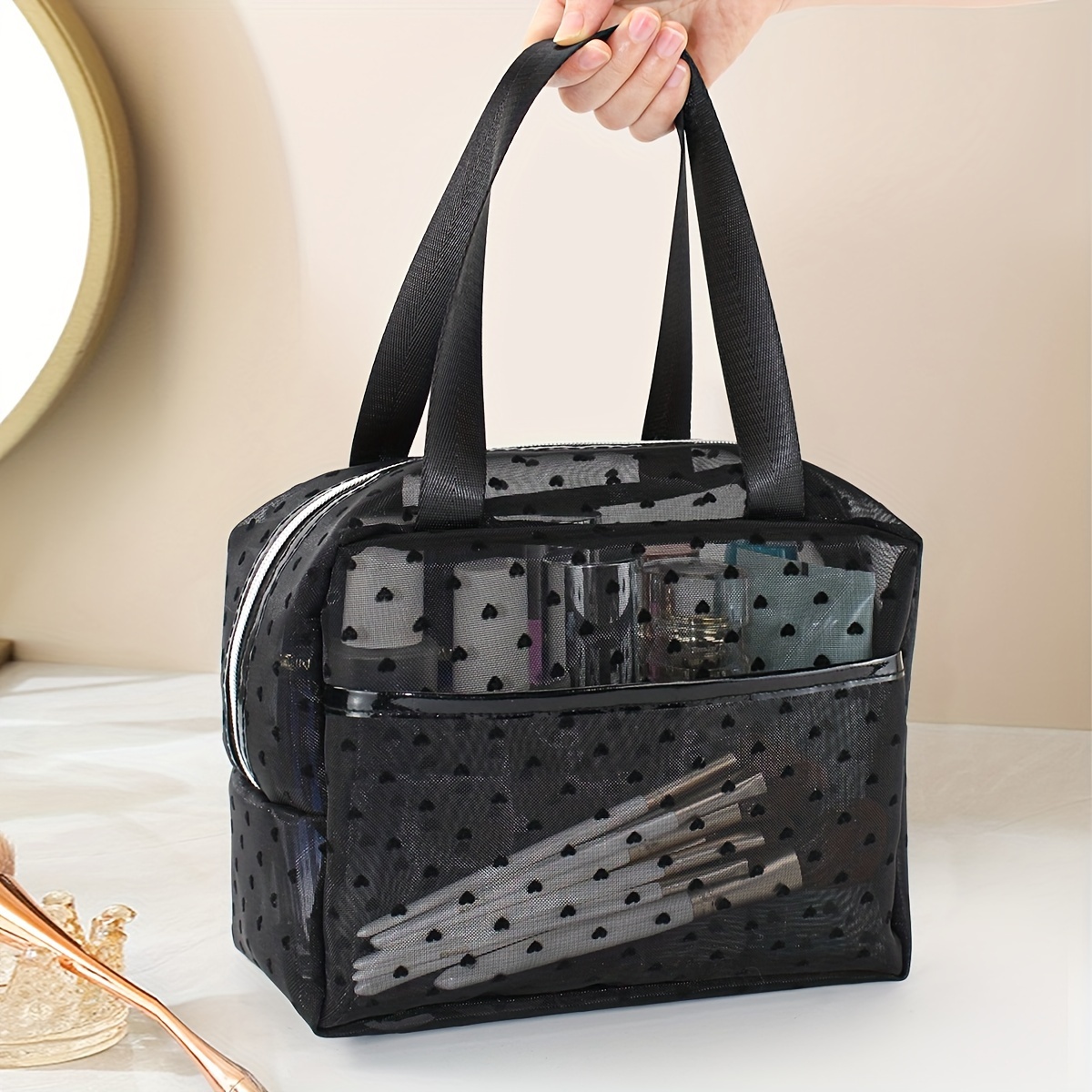 

Large Capacity Mesh Cosmetic Bag With Small Hearts - Perfect For Travel And Home Use - No Fragrance