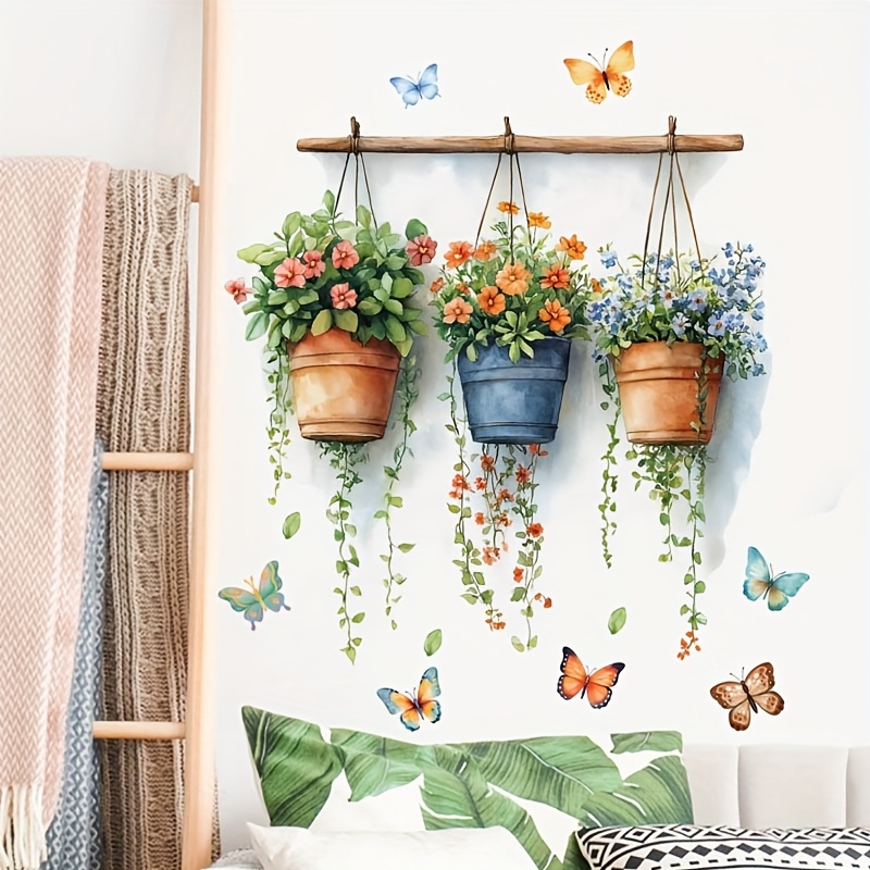 Classic Realistic Potted Colorful Flowers and Butterflies Wall Sticker, Self-Adhesive Decal for Living Room, Bedroom, Study, Kitchen, Dining Room, Removable PVC Mural