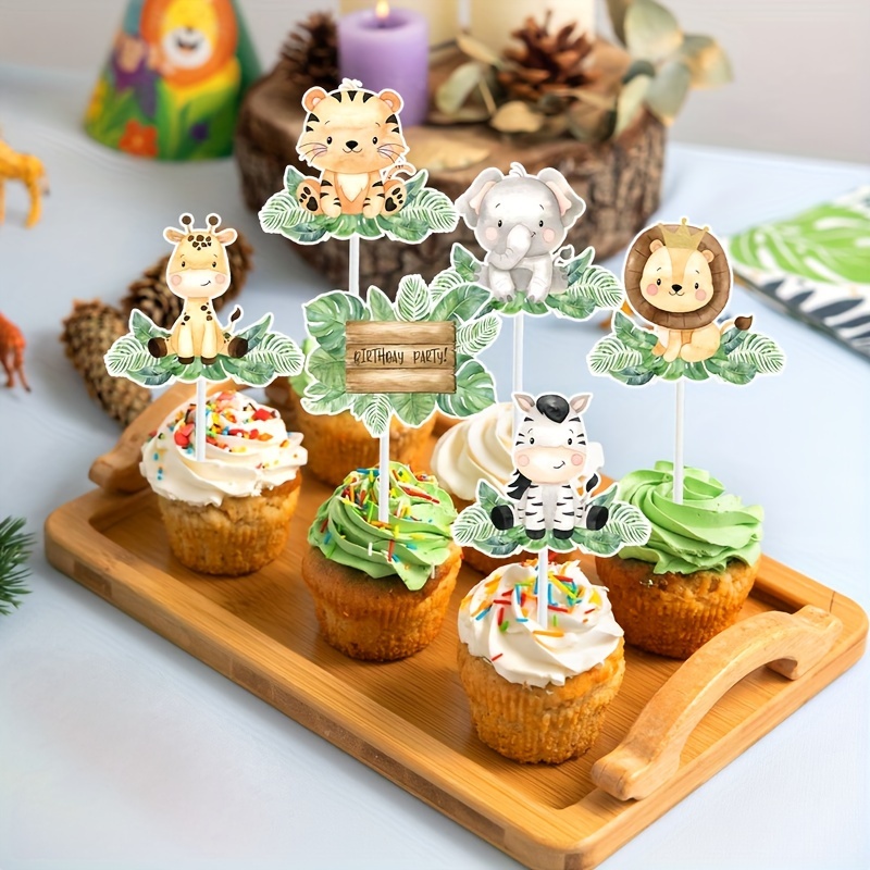 

18pcs Jungle Safari Animal Theme Cupcake Toppers, Dessert Muffin Food Cake Picks For 1st Birthday Party Decoration Cake Insert