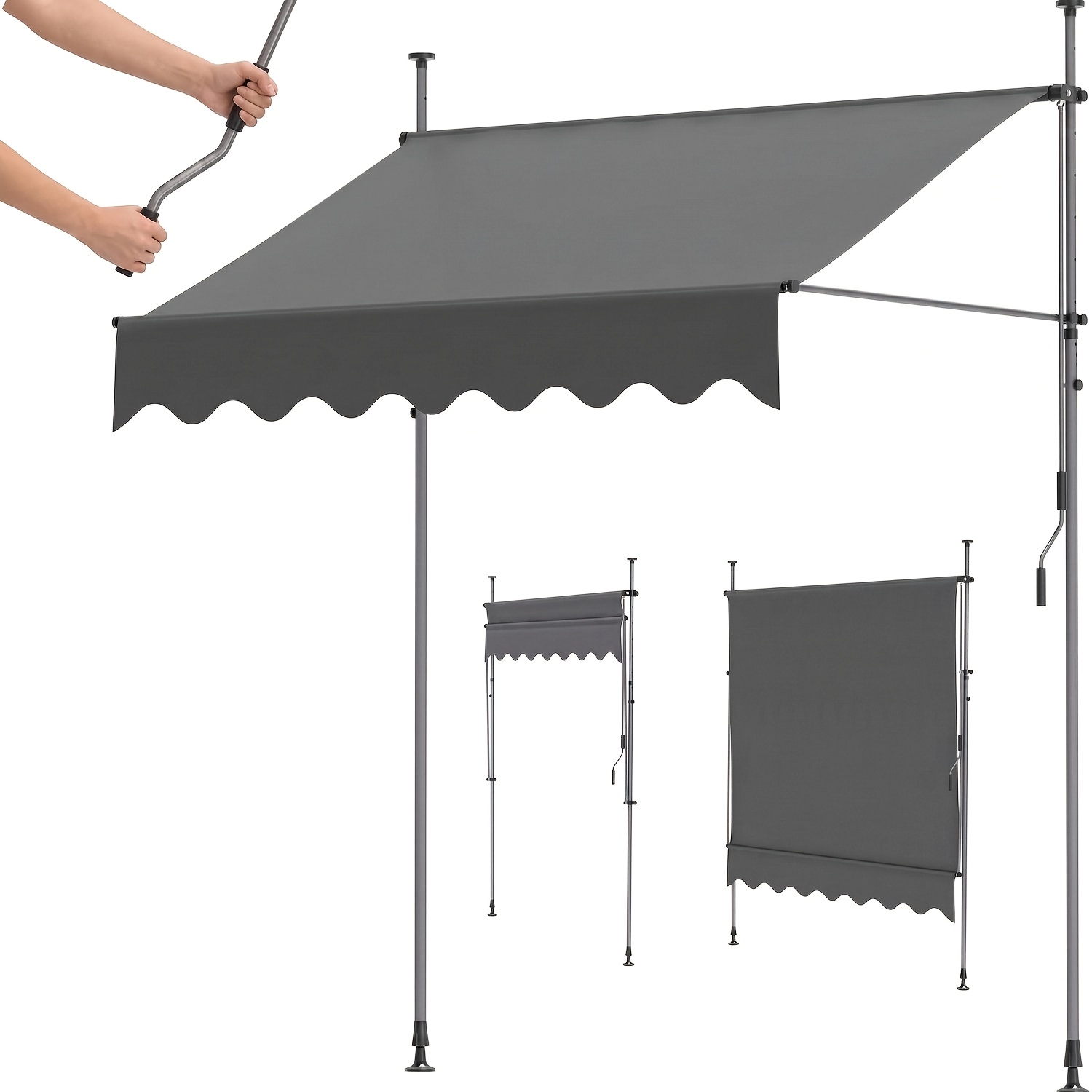 Image of Clamp Awning, Size 2..2m, Aluminum Alloy Frame, With Hand Crank, Height Adjustment Knob - No Screws To Remove, Metal And Polyester Fiber, Stable, No Drilling Required, For Garden, Balcony, Terrace