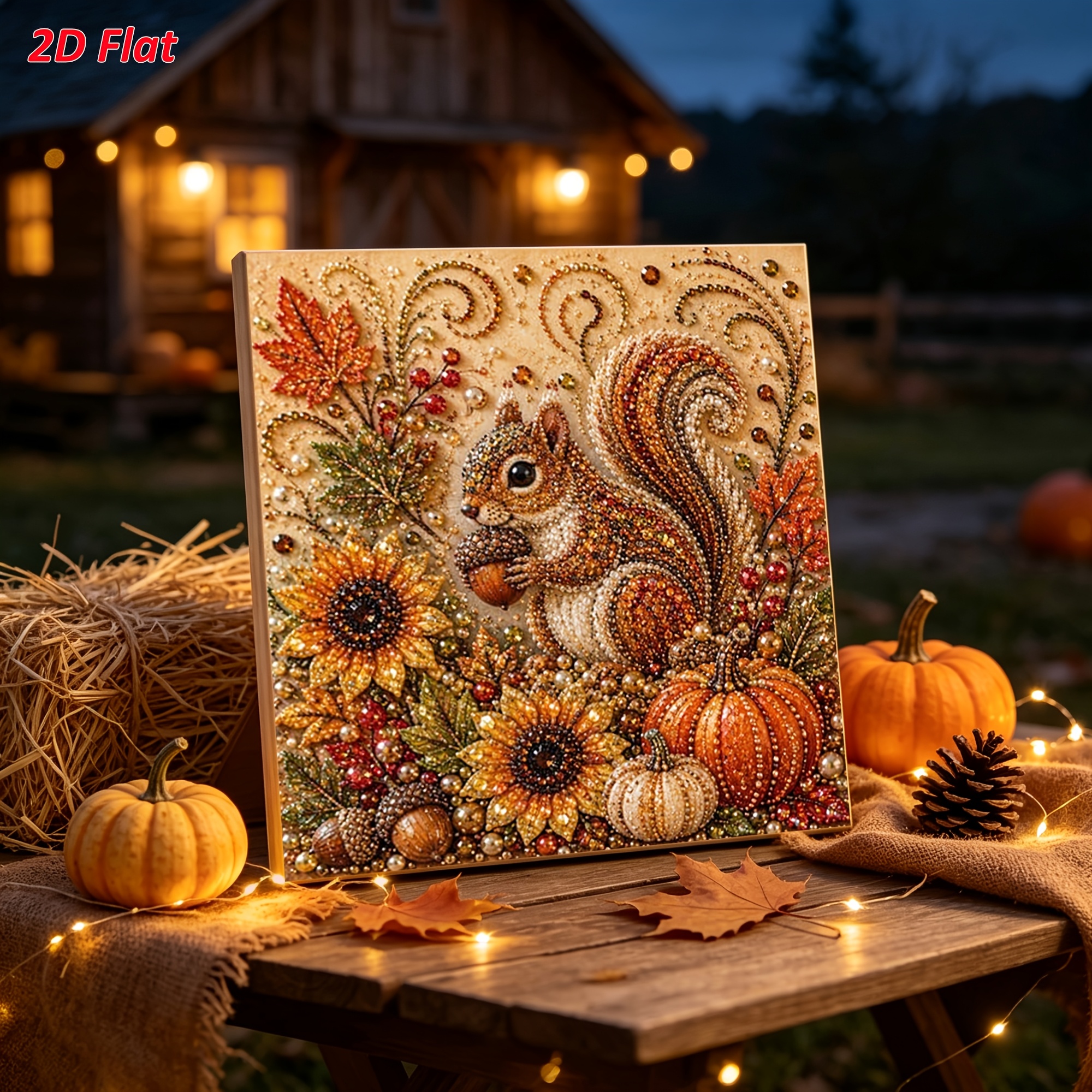 TEMU Diy Frameless Pearl Diamond Painting Kit, Autumn Squirrel Gathering Theme, , 2d Flat Pre-printed Canvas, Beginner Stress-relief Craft,