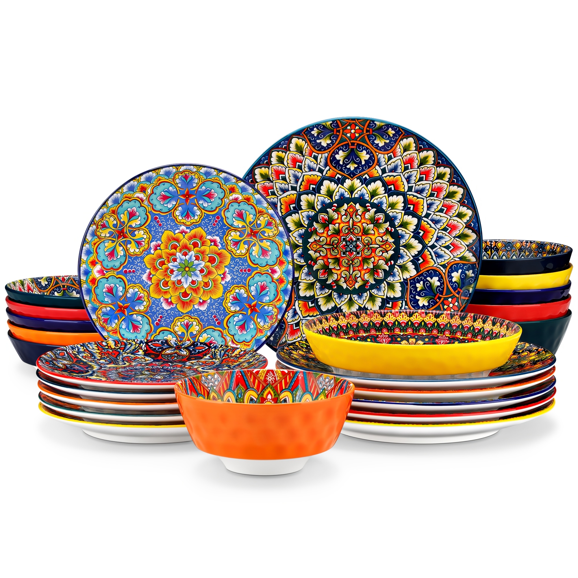 Bohemian Style Dinnerware Set 24pcs Porcelain Tableware Dinner Plates Dessert Plate And Cereal Bowls Dishwasher & Microwave For 6