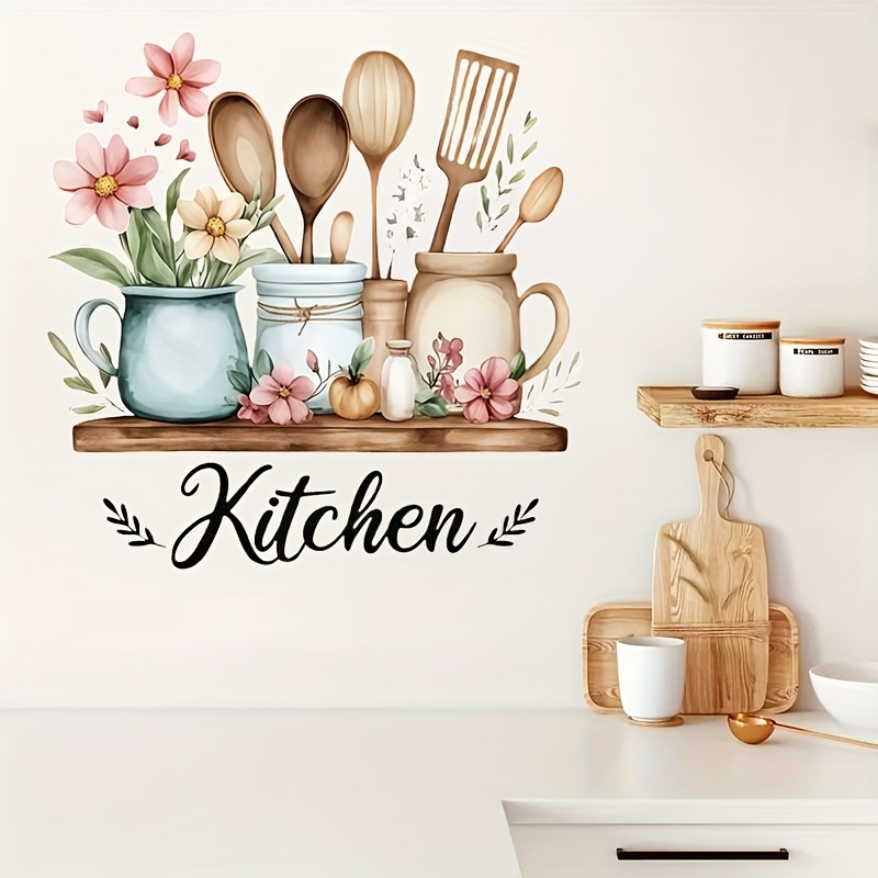 Kitchen Wall Sticker - Spice Jar Floral Pattern, Self-Adhesive Decal