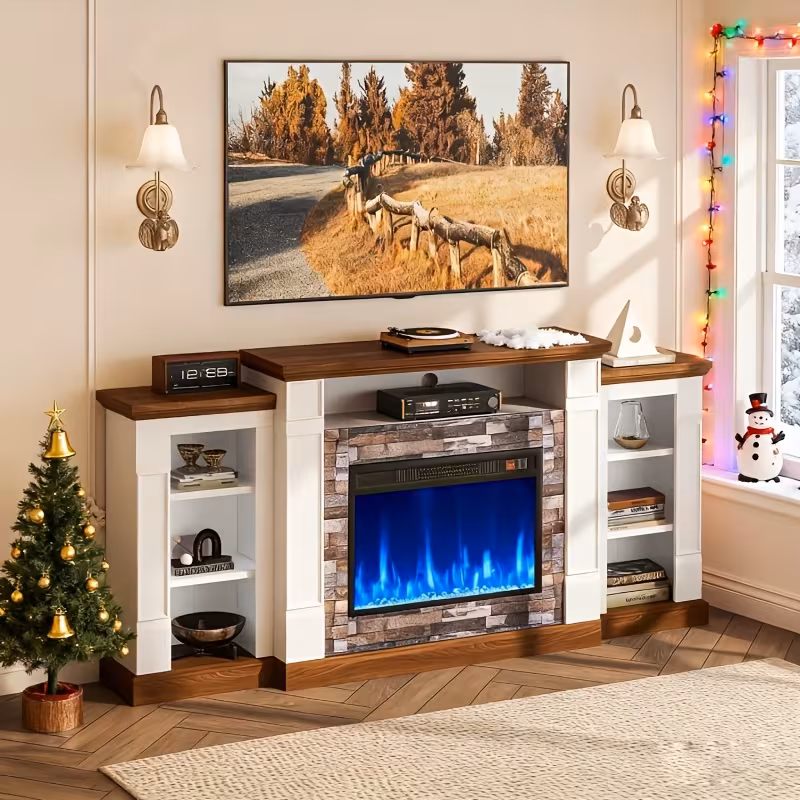 70-Inch Electric Fireplace TV Stand with Mantel - Modern Entertainment Center with Open Storage, LED Lights & Remote Control