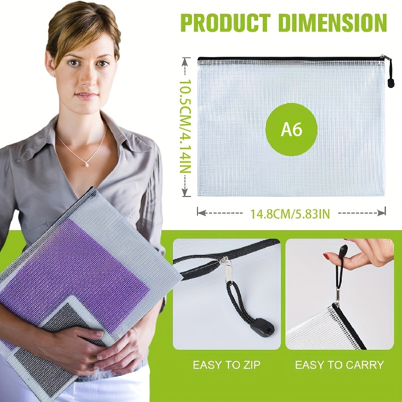 A4 Zipper File Bags, 12PCS Waterproof Plastic Mesh Zipper Pouch