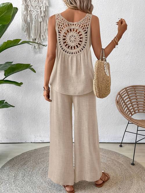 plus size solid lace panel hollow sleeveless top and pants casual sports set