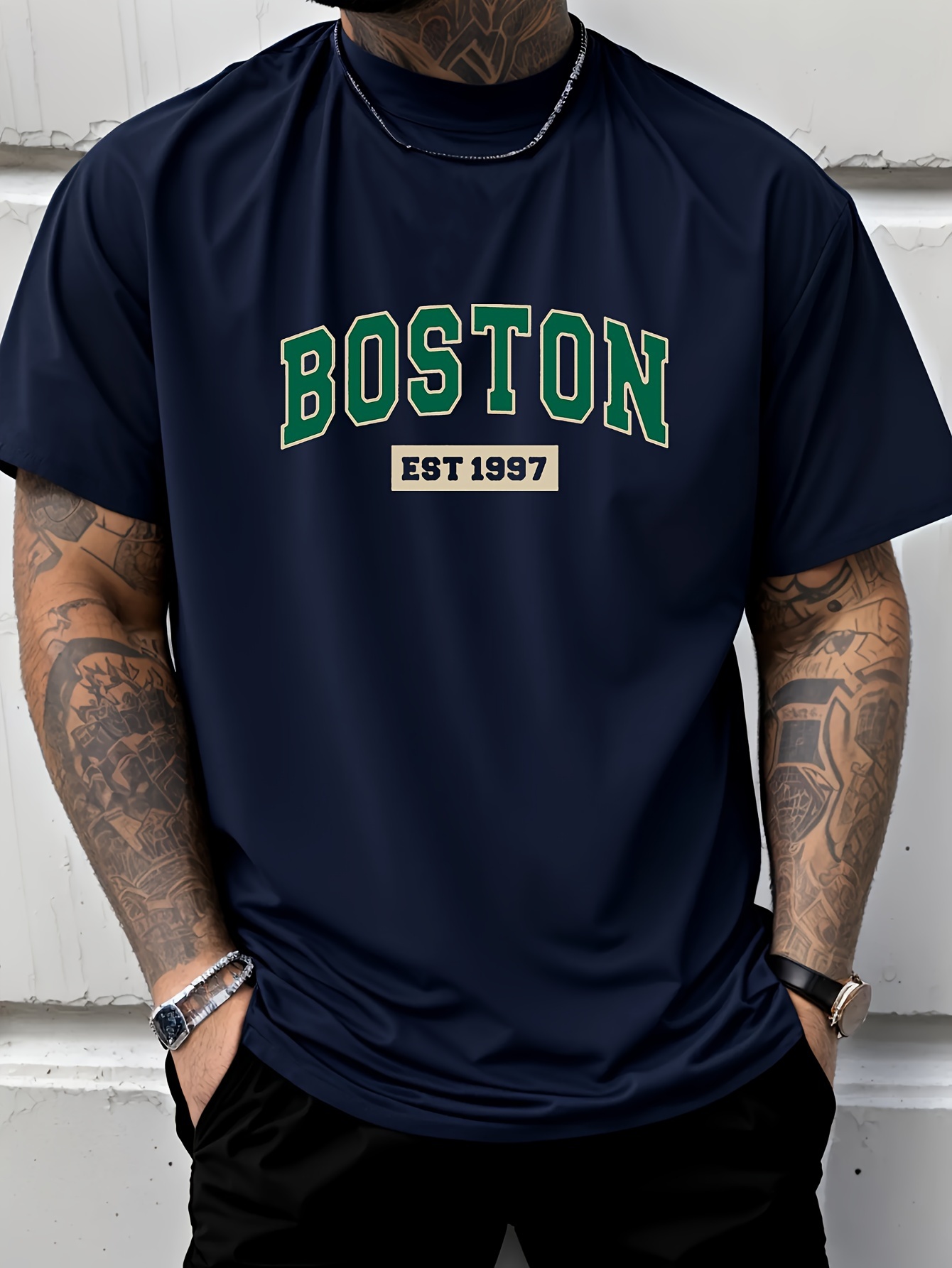 Men'S Boston Est. 1997 Graphic Print T-Shirt, Casual Crew Neck Short Sleeve Tee with Slight Stretch, Regular Fit, Letter Pattern Design, Perfect for Sports or Leisure Activities, Leisure Clothing | Trendy Crew Neck | Versatile Style